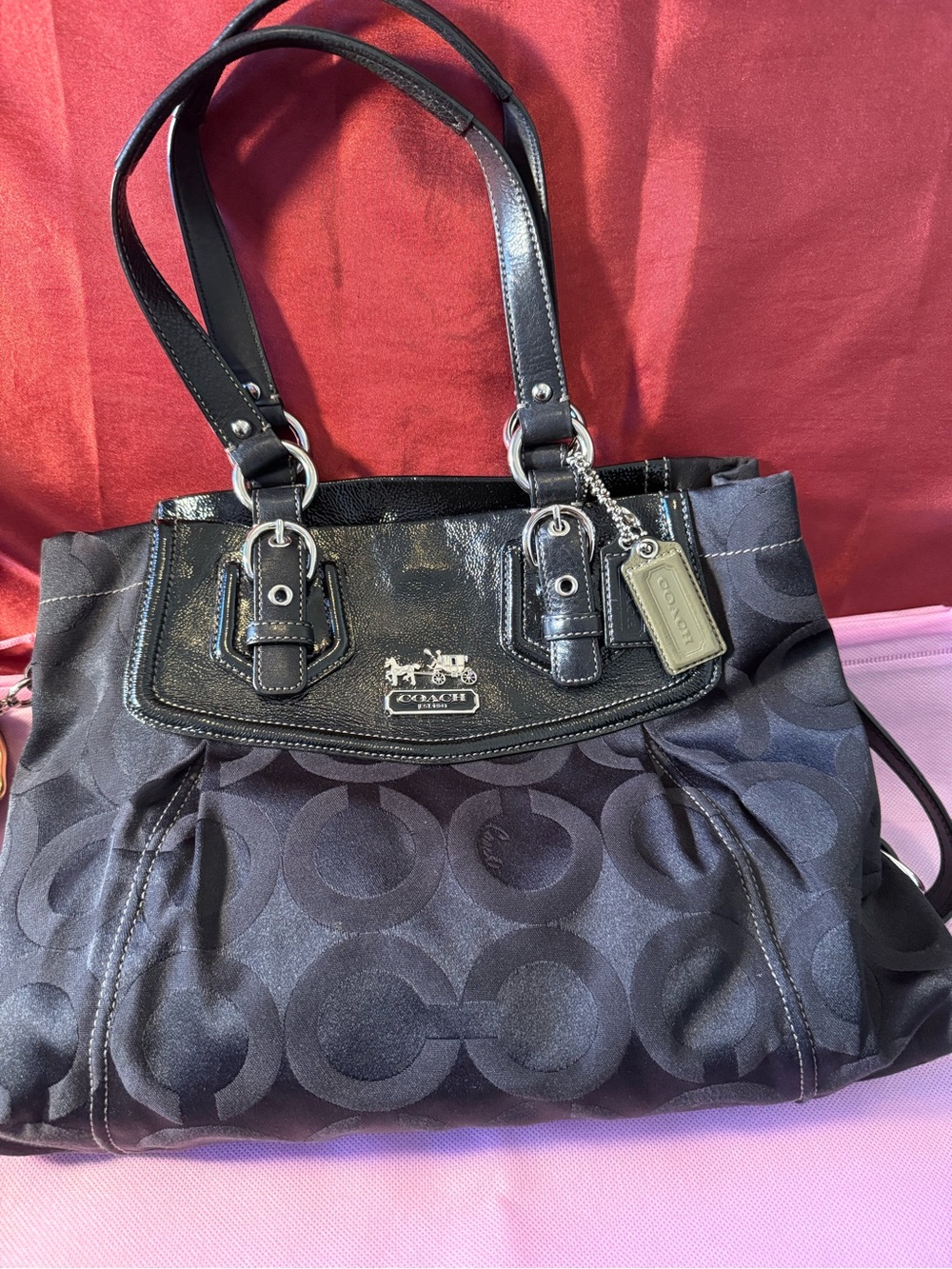 Coach Black Signature Monogram Shoulder Tote with Patent Trim